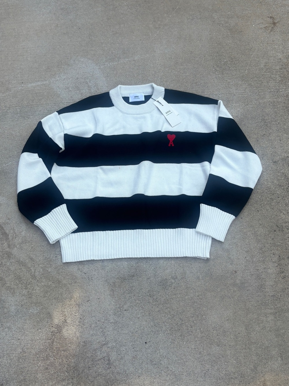 Ami Striped Crewneck Sweater with Red Heart Detail - Black & White